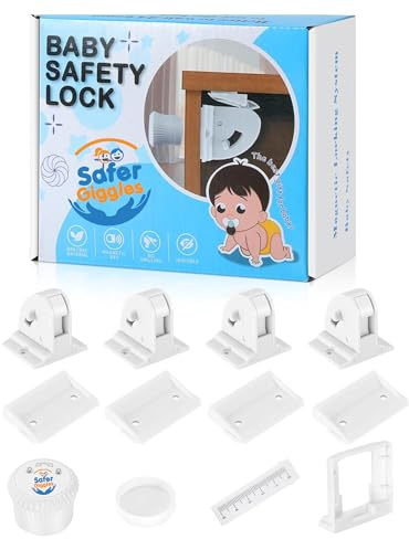 Safer Giggles Child Safety Cupboard Magnetic Lock 4 Pack with 1 Key, Magnetic Cabinet Locks for Kitchen Cabinets & Drawers, Baby Proofing Safety Locks