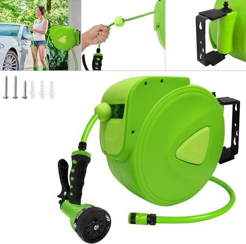 Froadp 30 m slangtrumma, automatisk 180° vridbar trädgårdsslang, trumma, 3/4 tum, anslutning, slangupprullare, med slangstopp och snabbförslutningskoppling för trädgård, camping, garage, bevattning