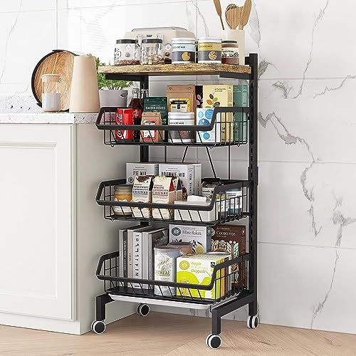 UMDONX Étagère de rangement pour légumes - Chariot de cuisine à roulettes - Chariot à roulettes à 4 étages - Organiseur de légumes et fruits - Cadre noir en métal durable - Hauteur : 10 cm