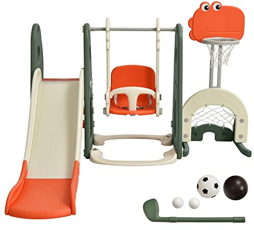 COSTWAY 6 en 1 Toboggan Enfants en Forme Dinosaure avec Balançoire & Panier de Basketball Réglable, Aire de Jeu avec But de Football & Golf, Jeu Intérieur Extérieur pour Enfants de 3-8 Ans…