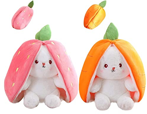Mukorolee 2PCS Plush Toy Pillow, Reversible Carrot Strawberry Bunny Plush with Zipper, Easter Bunny Stuffed Animal Cute Rabbit Plushie Birthday Gift for Boys Girls Kids (2pcs 7 Strawberry&Carrot)