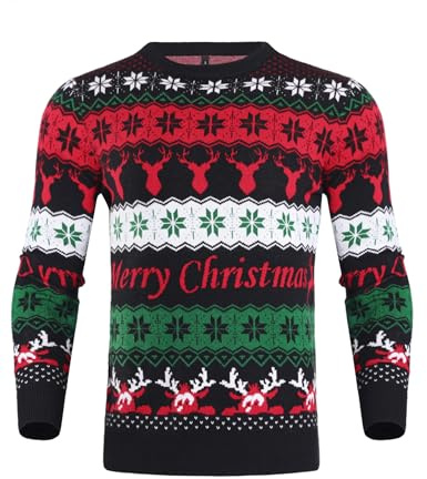 iClosam Jersey de Navidad para Hombre Divertido de Punto de Navidad suéter con Cuello Redondo, Negro