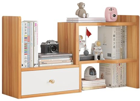 NUODWELL Expandable Desktop Bookshelf, Freestanding Adjustable Office Storage Rack Desk Tidy Organiser Countertop Bookcase for Office & Home (Cherry Wood)