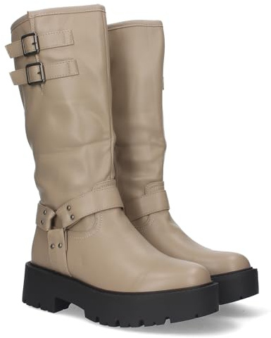 79588 Botas Moteras con Tacon Bajo y Plataforma, Adorno al Tono en el Tobillo y Cana de 30,5cm con 2 Hebillas y Cierre de Cremallera Otono e Invierno Kaki Talla 39