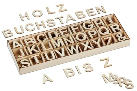 Relaxdays Träbokstäver-set, 324 TLG, versaler A-Z, & tecken, 3 cm, små bokstäver för pyssel, dekoration, natur