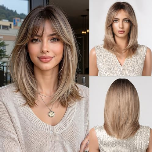 Esmee Breve Dritto Ombre Biondo Bob Parrucche con Frangetta Spalla Lunghezza Parrucca Naturale Sintetica Cosplay Parrucche per le Donne