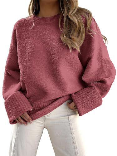 Jhsnjnr Pull femme en tricot épais surdimensionné à manches longues amples à col rond décontracté, fuchsia, S