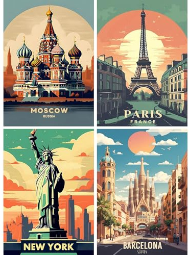 SHEGZHUC 4 Pack Diamond Painting City Poster 30 x 40 cm Diamond Painting Landscape Travel Poster Diamond Painting Vintage Poster Diamond Painting Art Embroidery Cross Stitch Pictures Gift Wall
