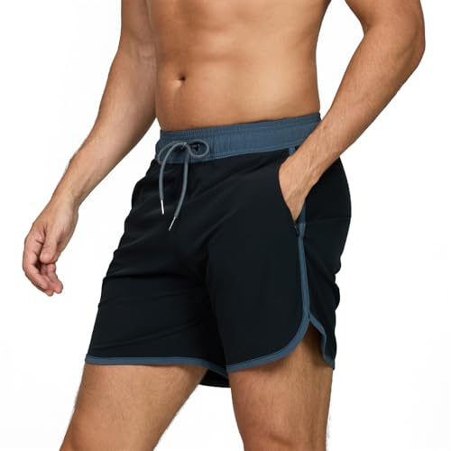 EDOTON badbyxor för herrar, boardshorts, snabbtorkande strandshorts med justerbart midjeband och fickor, badshorts, enfärgade tryckta simbyxor, storlek S–XXL, svart, XL