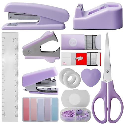 Conjunto de Suministros de Oficina, Kit Púrpura de 10 Accesorios de Oficina, Incluyendo una grapadora, grapas un desengramador de tijeras un metro de cinta un cortador de pinzas y notas adhesivas
