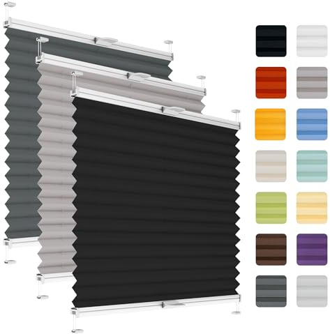 Fenster Plissee ohne Bohren zum Kleben auf Rahmen - Thermo Plisseerollo Innen - Rollo Jalousie, auf den Fensterrahmen, Faltrollo, Sichtschutz, Blickdicht, für Fenster & Tür - Schwarz, 65 x 80 cm