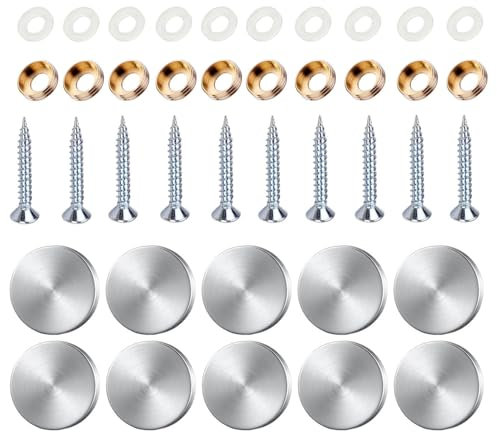 10 Sets Mirror Screws, 16mm Stainless Steel Mirror Screws, Polished Stainless Steel Mirror Screws Cap Nail with Washers & Decorative Cap Covers Brushed Mirror Nails for Mirrors, Furniture Fitting