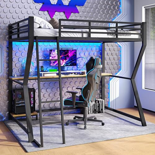 Merax Hochbett mit Schreibtisch 90x200 cm, Kinderbett Stockbett mit fernbedienbarem Ambientelicht, Steckdose + USB, Metallbettgestell mit Sicherheitsgeländer und Leiter für Kinder/Erwachsene, Schwarz