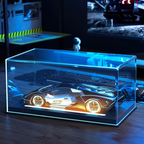 Beleuchtete Vitrine für Modellautos im Maßstab 1:18, keine montierbare Vitrine mit Lichtern und Ledersockel, transparente Acryl-Displaybox für Autos, Baseball, Tennis, staubdicht, UV-Schutz (33,3 x