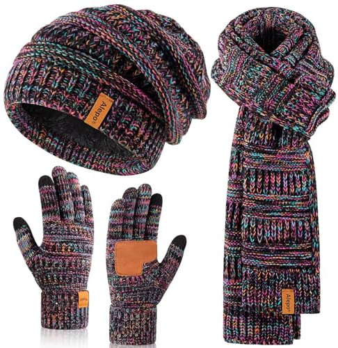 Winter Beanie Hat Scarf Gloves Set for Women, Slouchy Beanie with Fleece Lined Long Knit Scarf Touchscreen Gloves, Warm 3 in 1 Stocking Stuffers Set for Women Mom Her Cold Weather-01