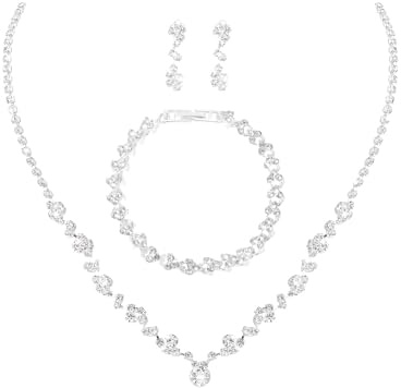 JIPUKE 3Pcs Elegant Silver Bridal Jewelry Set, Silver Crystal Prom Jewelry Set Rhinestones Necklace Earrings Bracelet Sets for Brides Bridemaid Prom Costume Accessories