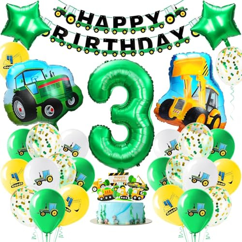 Alaoo 3 år gammal traktor födelsedagsdekoration, traktor grattis på födelsedagen, dekorationssats, fest, pojke, grön ballong nummer 2, bondgård fest ballong banderoll dekoration tårta klistermärke