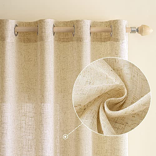 EMEMA Cortinas de lino con ojales, cortina de voile con aspecto de lino, moderna, semitransparente, para salón, habitación infantil, juego de 2 unidades, 140 x 235 cm (ancho x alto), color beige
