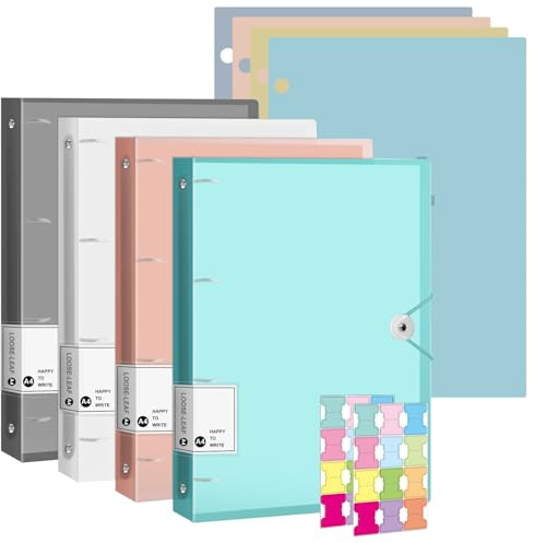 4 Pack A4 Display Folder, Telescoping 4-Ring Binder Folders, Flexible Binder, Presentation Portfolio Folder Paper Binder with 4 Dividers Safety Rope Design Suitable for Meeting, Home, Office, School