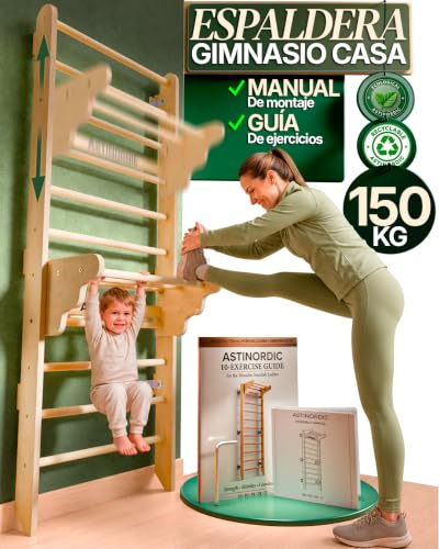 ASTINORDIC Espaldera Gimnasio Casa con Barra de Dominadas | Escalera Sueca Madera | Soporta hasta 150 kg | Montaje Fácil, Todo Incluido