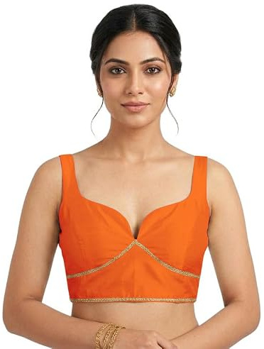 Fashnkart Women's Dupion Silk Sleeveless Saree Blouse with Trim Sweetheart Neck Deep U Back Readymade Ethnic Choli Padded