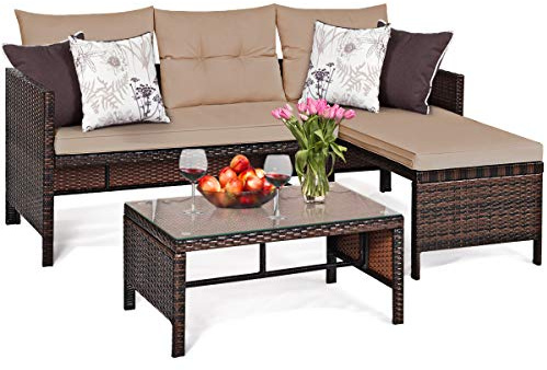 Tangkula Patio Corner Sofa Set 3 Piece, Outdoor Rattan Sofa Set, Includes Lounge Chaise, Loveseat & Coffee Table, Patio Garden Poolside Lawn Backyard Furniture