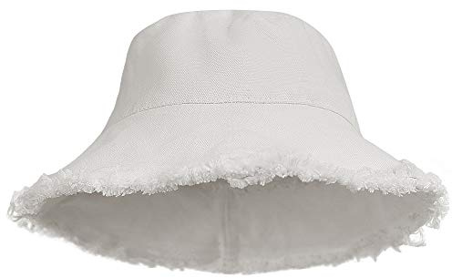 Cappello a secchiello da donna in cotone lavato con protezione solare effetto invecchiato, cappello estivo a tesa larga (misura 19,5 cm) (bianco 01)