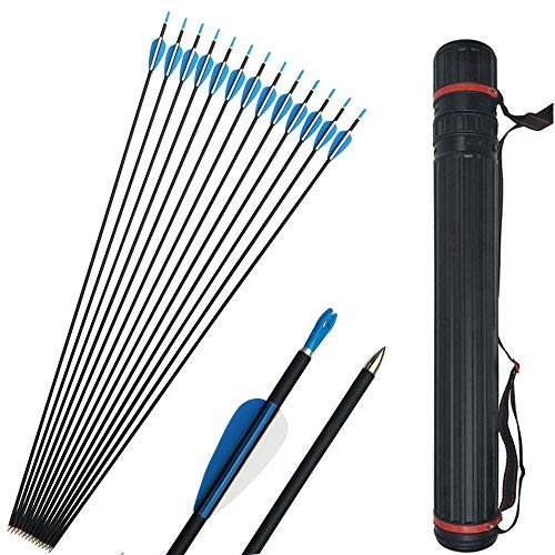 SHARROW 12 Stück Carbonpfeile 32 Zoll Bogenpfeile Jagdpfeile 1000 Spine 1200 Pfeile für Anfänger mit Pfeilköcher für Recurvebogen Compound Bogen (Spine 1000+Köcher)