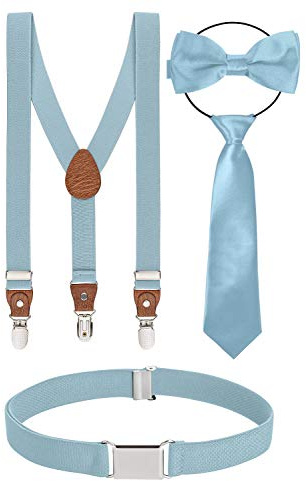 BomGuard Set de 4, Tirantes para niños + Pajarita + Corbata + Cinturón, Azul claro