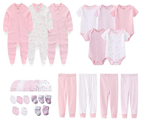 MAMIMAKA Nyfödd Layette presentset 27-delar bebis flicka kläder kroppsdräkter, byxor nödvändigheter och tillbehör 0-6 månader, Baby kläder set 27-delar 08, 0-3 Months