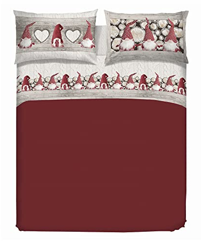 PENSIERI DELICATI Cama Doble Completa 100% Algodón, Sábanas Dobles Completas 180x200 Incluye Sábana Bajera y Superior y 2 Fundas de Almohada, Made in Italy, Gnomos Rojo