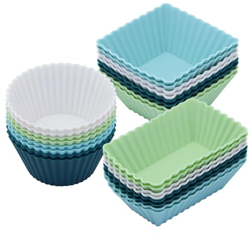 24Pack Silicone Muffin Cups, Reusable Cupcake Liners Molds for Baking, 3 Shapes Lunch Box Bento Dividers-Round, Square, and Rectangular (Neutral Colors, Regular Size)