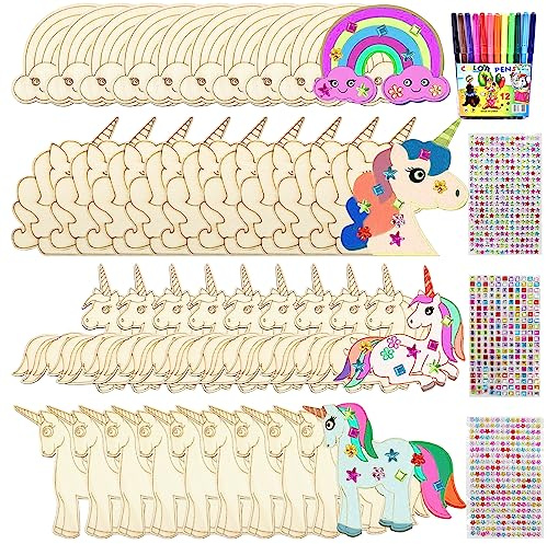 55 Licornes en Bois - Kit de Bricolage à Peindre - Décoration d'Anniversaire d'Enfant Avec Crayons Aquarelle + Autocollants Diamantés