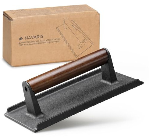 Navaris Pressa per Hamburger - Smash Burger Press per Piastra - Schiaccia-Hamburger per Grigliare Carne - Accessori Griglia BBQ Barbecue - in Ghisa con Manico Legno - Rettangolare