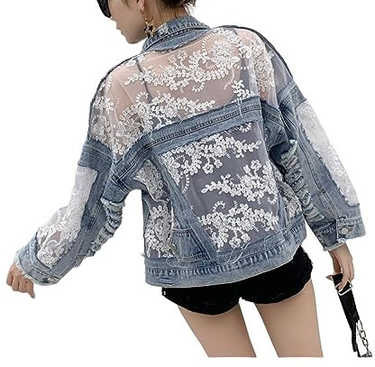 Veste en Jean Femme,Veste en Jean Brodée Florale en Dentelle pour Femme Tops en Jean Brut Effiloché sur Mesure Stretch Trucker Casual Outwear Cropped Button Denim Coat Cardigan Jeansjacke pour Les F