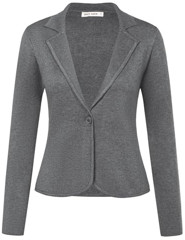 GRACE KARIN Women Cotton Knit Blazer Suit for Work Casual Cropped Blazer Cardigan Notch Collar Fitted Jackets Grey XL