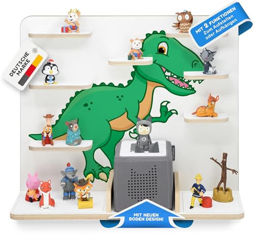 stadtecken Holzregal für Musikbox I Geeignet für die Toniebox und ca. 50 Tonies I Perfekte Tonie Aufbewahrung im Kinderzimmer I Zum Aufstellen oder Aufhängen (T-Rex, Groß)