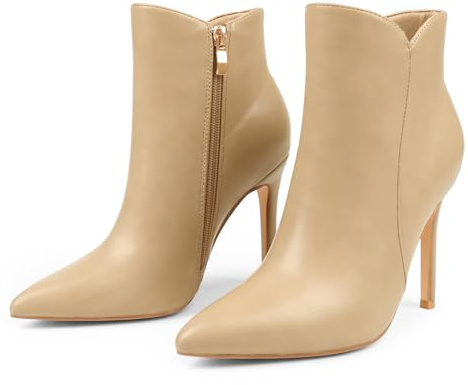 JOY IN LOVE Women's Ankle Boots 4 inch Stiletto High Heels Pointed Toe Zipper Boots Khaki US 8