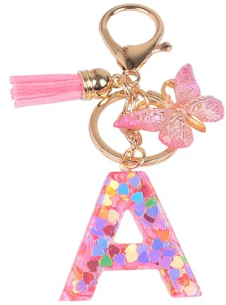 YPYMOD Lnitialen Schlüsselanhänger Quaste Schmetterling Pailletten Liebe Brief Schlüsselanhänger,Rosa(A)