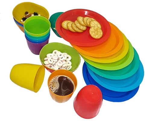 Kids Party, Garden and Picnic Microwave Safe Assorted Colours Plates and Tumbler - Pack of 24 (8 Each)