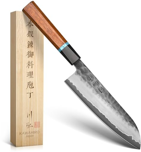KAWAHIRO Japanese Knife, 7 Hand Forged VG10 Santoku Chef Knife with Octagonal Handle, Razor Sharp Edge, Tapered Spine for Effortless Cutting and Control, ideal for Meat, Fish & Veggies, Wood Gift Box