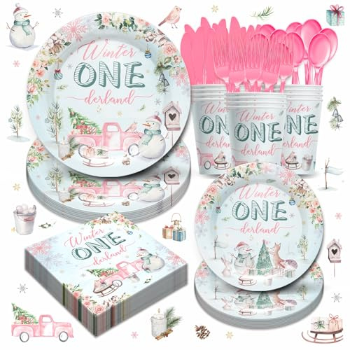 Piooluialy Winter Onederland 1st Birthday Party Decorations - 1st Snowflake Birthday Party Supplies Include Plates, Cups, Napkins, Cutlery (Forks, Spoons, Knives) | Serves 24