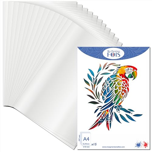 [Pack x15] Hojas de plantilla virgen A4 – PET translúcido – Grosor: 0,25 mm – Ideal para manualidades de arte, regalo personalizado, scrapbooking, aerógrafo, máquina de corte o láser.