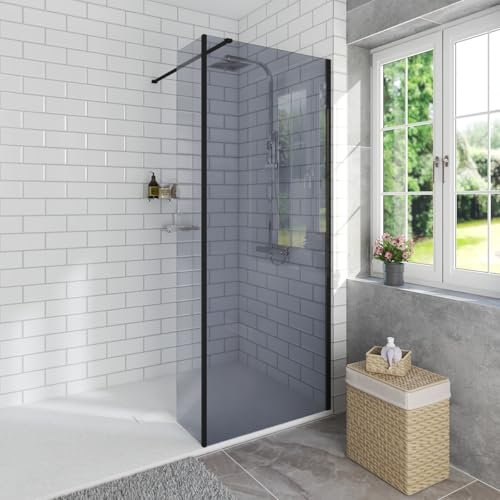 Aquariss 800mm Wet Room Black 8mm Grey Self Clean Shower Screen Panel Walk in Shower Enclosure with 215mm Flipper Panel, 1200x900mm White Tray and Waste
