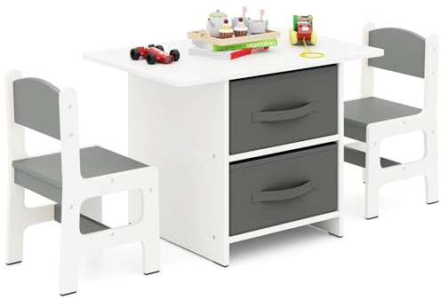 COSTWAY Set Tavolo e Sedie per Bambini 1-7 Anni, Tavolino in Materiale Atossico e Indore con 2 Sedie Ergonomiche con Schienale, Angoli Arrotondati, Ideale per Giocare, Disegnare e Leggere (Grigio)
