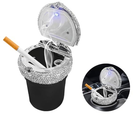 MUQIDA Car Ashtray with Lid, Bling Portable Ash Tray Cup Holder with LED Light Indicator, Sparkle Cigarette Smokeless Cylinder Ash Holder for Vehicle Home Office, Car Accessories (Black)