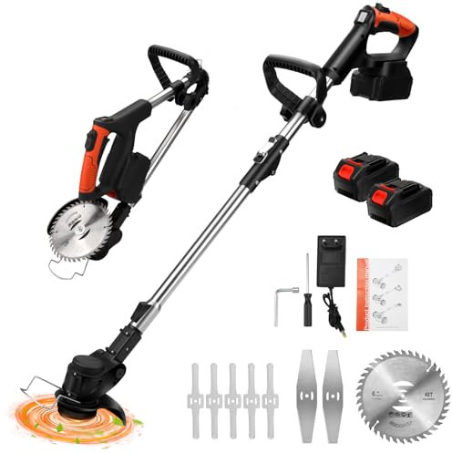 Desbrozadora Electrica con Batería 2X 2000mAh, 21 V Cortacésped de Batería Plegable con 3 Tipos de Cuchillas, Varilla Telescópica, Cabeza giratoria 90 °, para Corte de Jardín, Césped