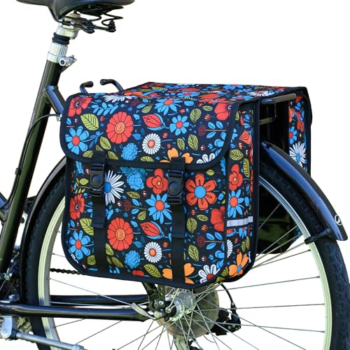 BikyBag Classic CE - Double Bicycle Panniers - 26L Water-Resistant Bike Pannier Bag for Rear Rack | Commuter & Shopping Cycling Bag (Wildflowers)