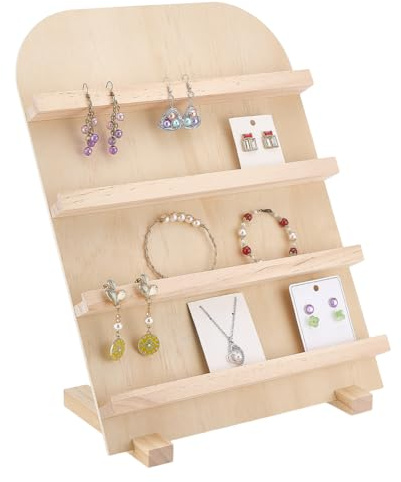 PH PandaHall 4-Tier Wooden Jewelry Display Stand Earring Card Displays Tower Bracelets Stands Rack Craft Fairs Showcase Holder with Slots for Selling Retail Jewelry Showing Exhibition Storage
