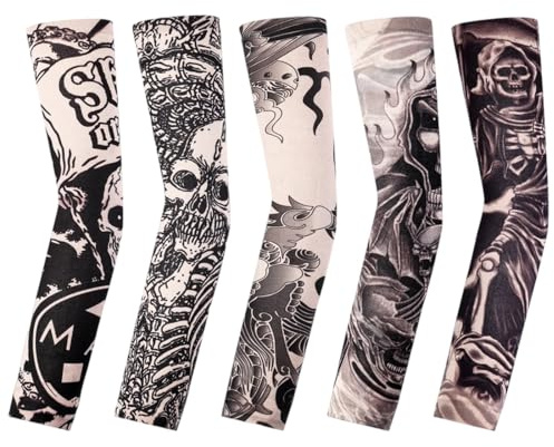AEKZOX 5 pezzi Maniche tatuaggio,manicotti braccia,manica tatuaggio uomo,maniche per braccia, per ciclismo, carnevale, halloween